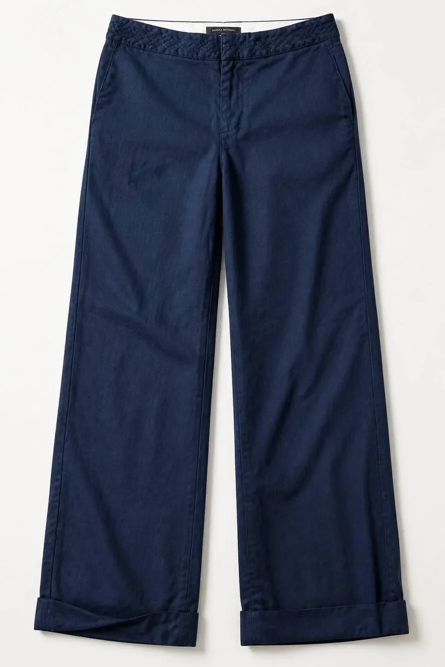 🔹️Banana Republic Blue Braided Waist Martin Fit Linen Cuffed Wide Leg Pants Siz